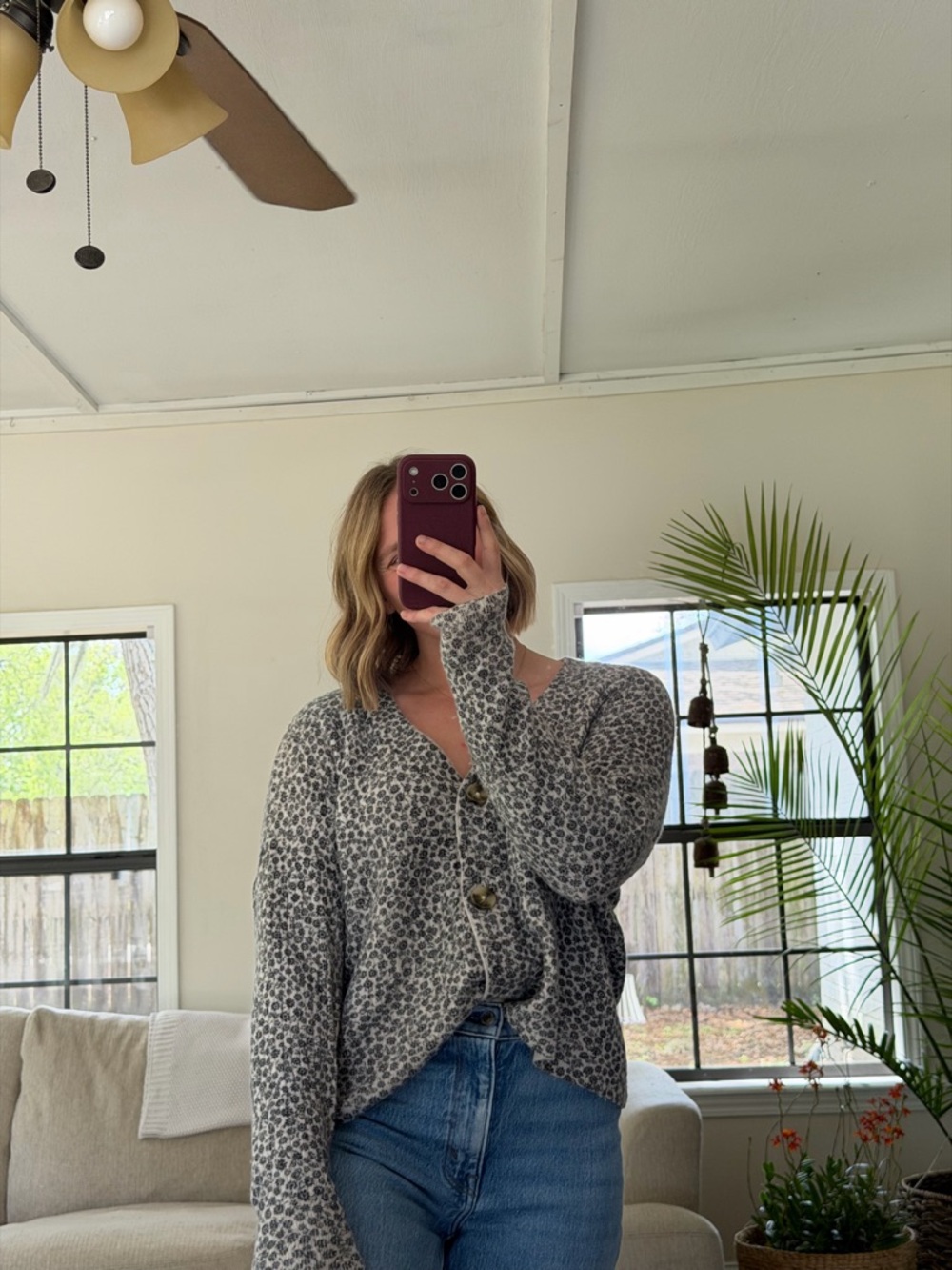 Madewell Gray Floral Print Button Cardigan Sweater